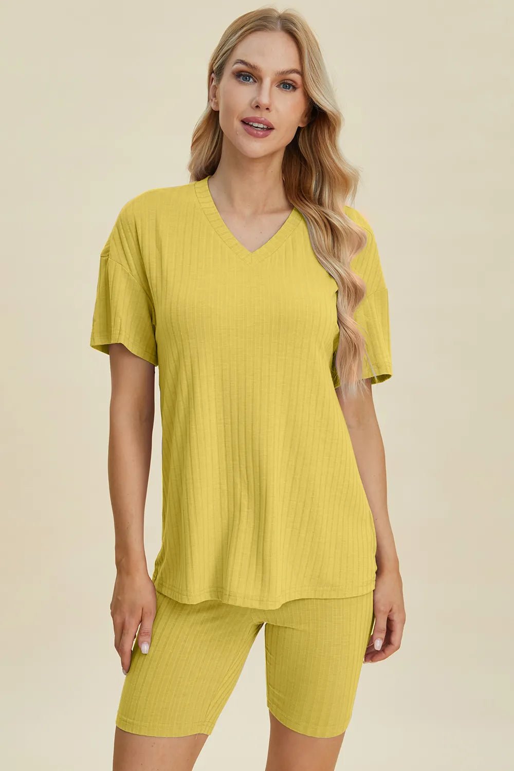 Basic Bae Full Size Ribbed V - Neck Short Sleeve Top and Shorts Set - PBNJ FASHIONS