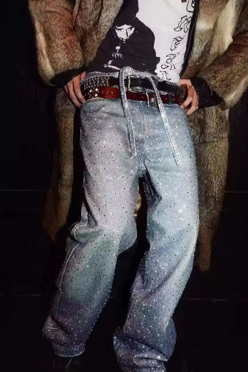 Men's Washed Rhinestone Jeans with Rhinestone Belt - PBNJ FASHIONS