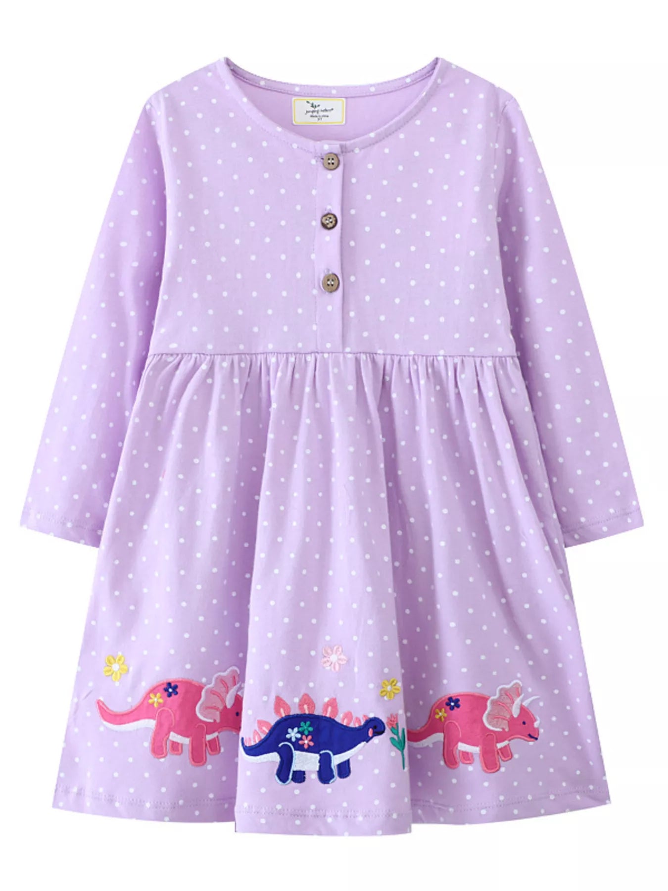 Children's Dinosaur Embroidered Polka Dot Dress - PBNJ FASHIONS