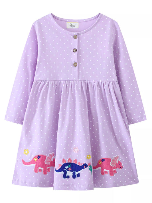 Children's Dinosaur Embroidered Polka Dot Dress - PBNJ FASHIONS