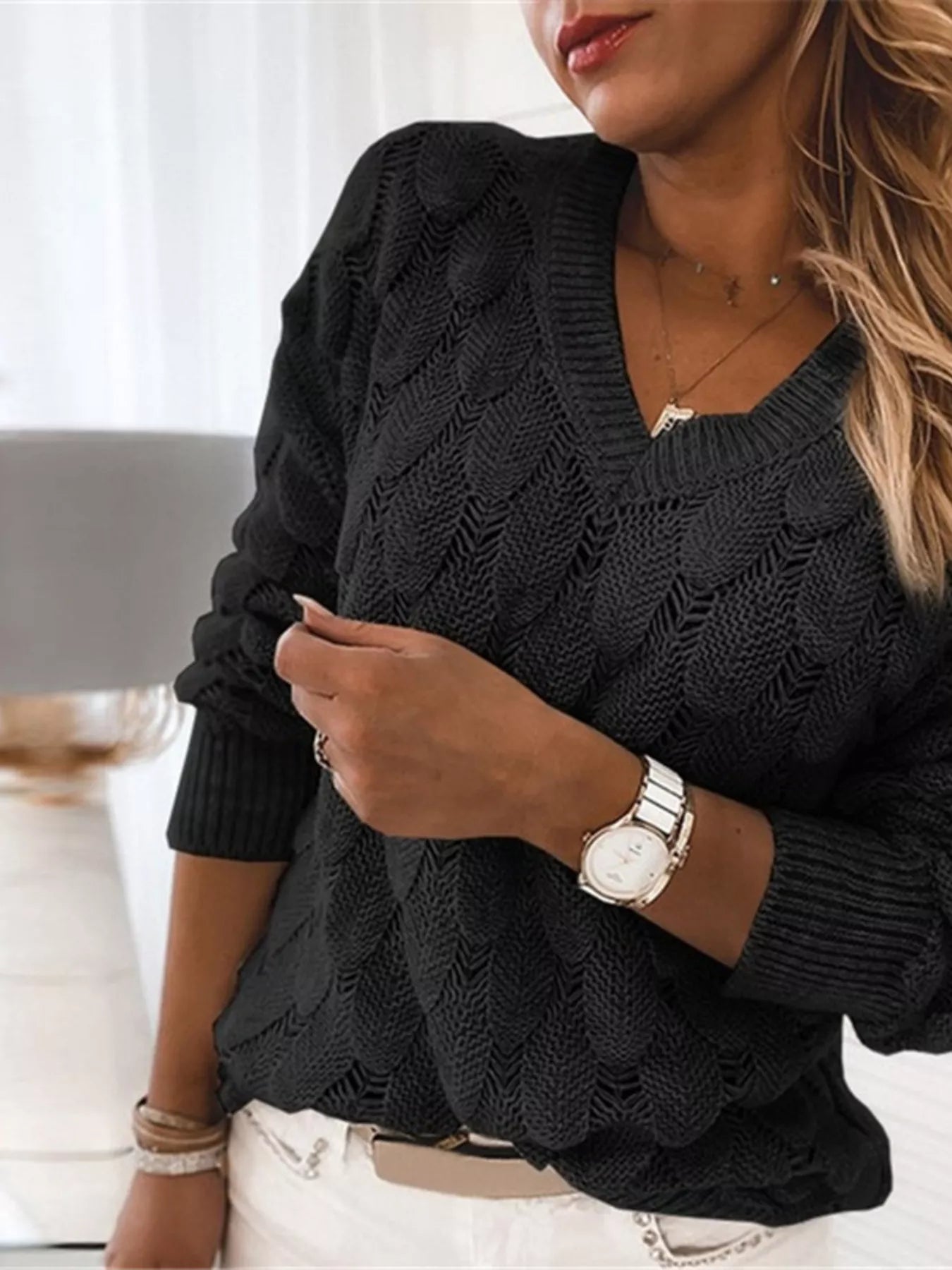V - Neck Knitted Sweater - PBNJ FASHIONS