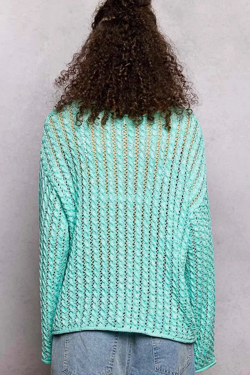 POL Openwork Round Neck Knit Top with Shiny Detail - PBNJ FASHIONS