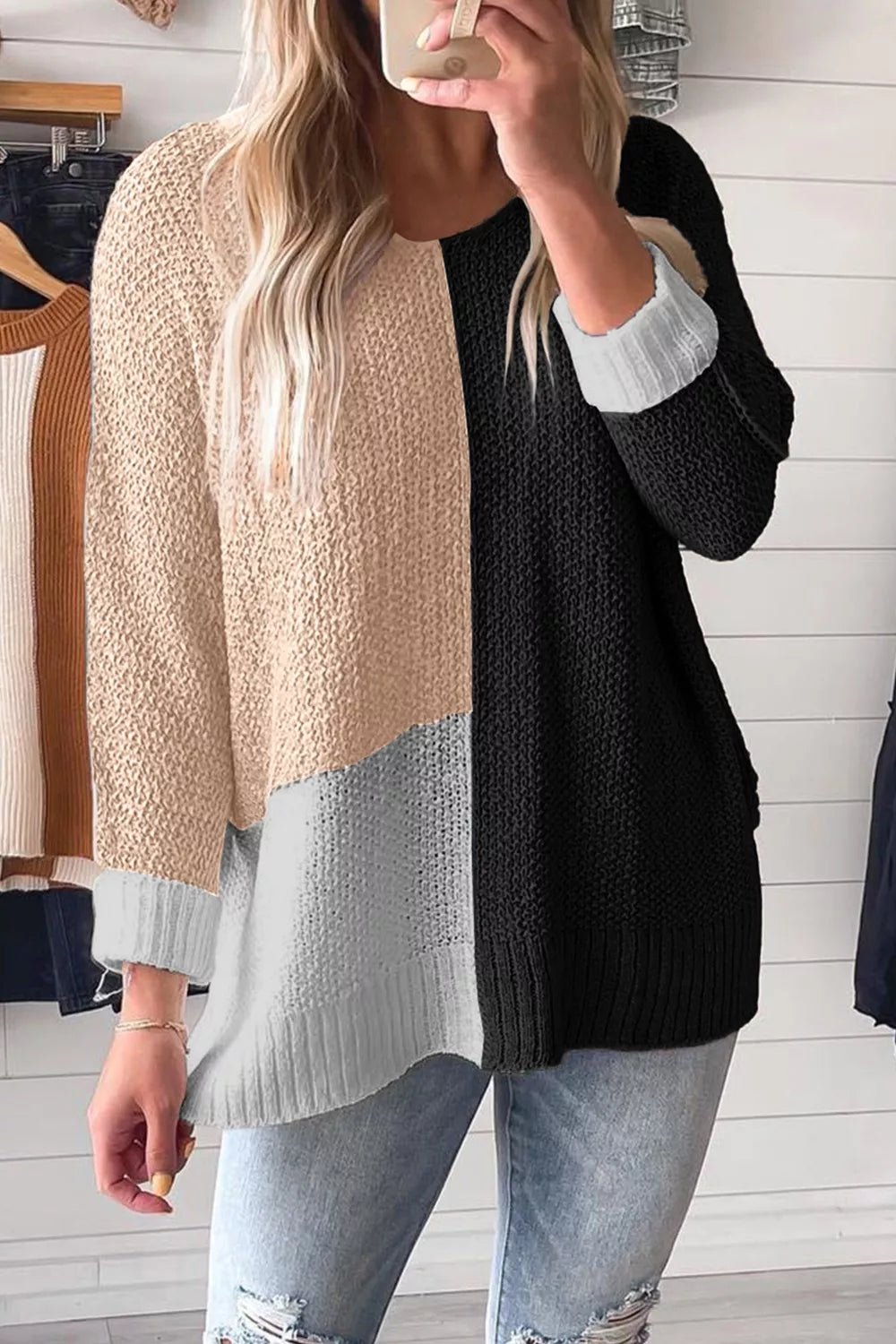 Color Block Knit V Neck Loose Sweater - PBNJ FASHIONS