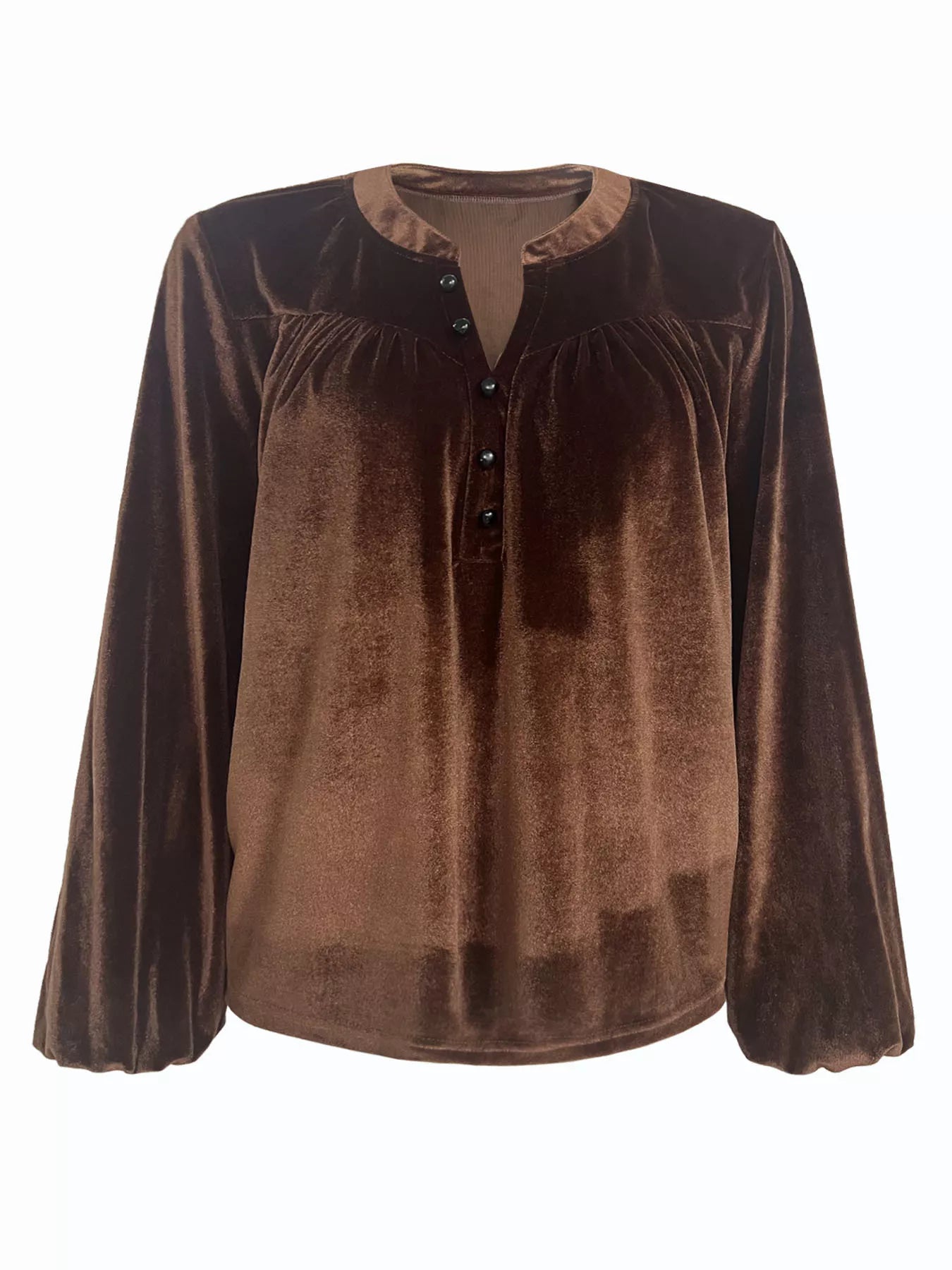 Velvet Notched Long Sleeve Blouse - PBNJ FASHIONS