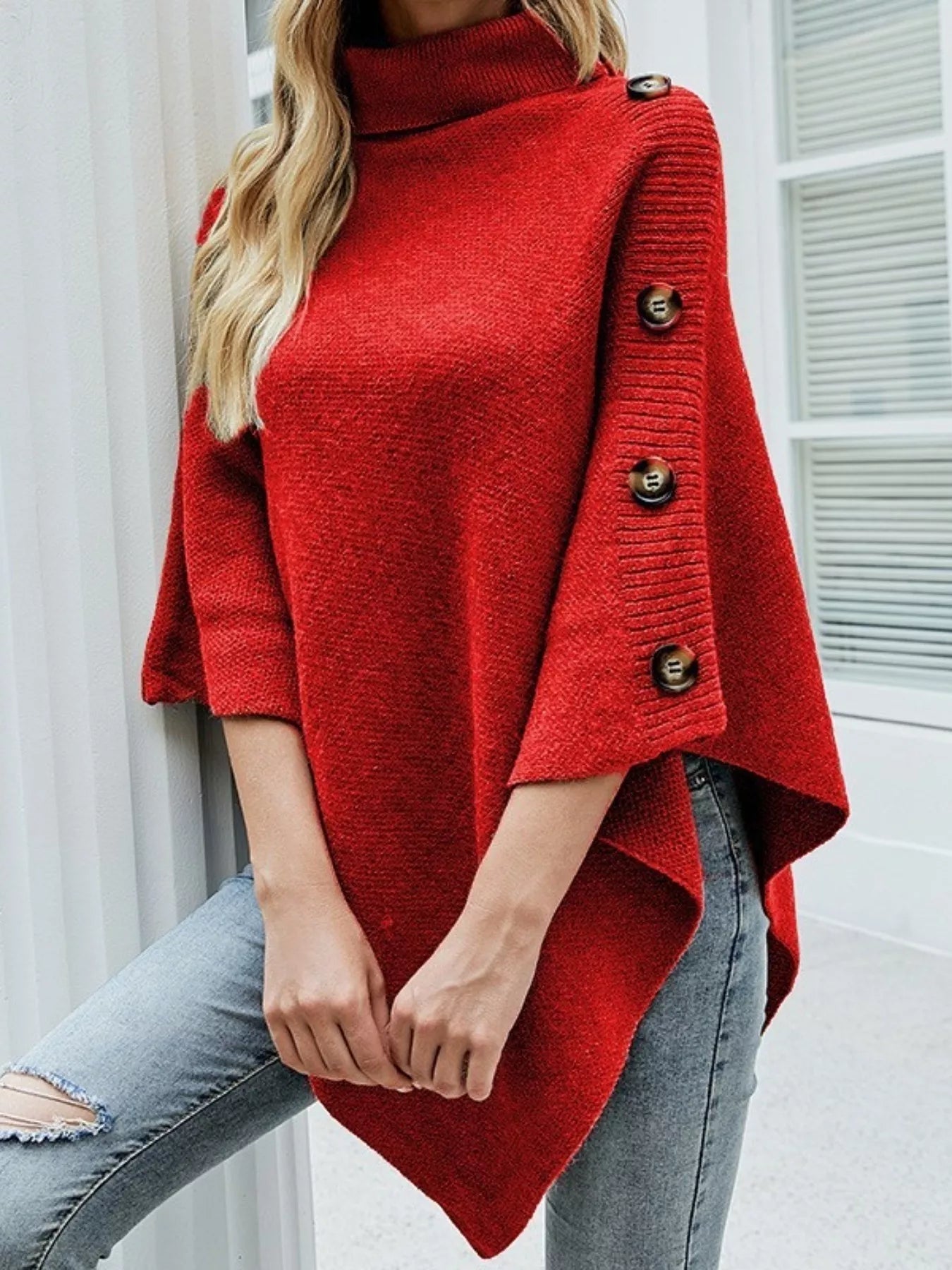 Button - Decor Turtleneck Poncho Pullover - PBNJ FASHIONS