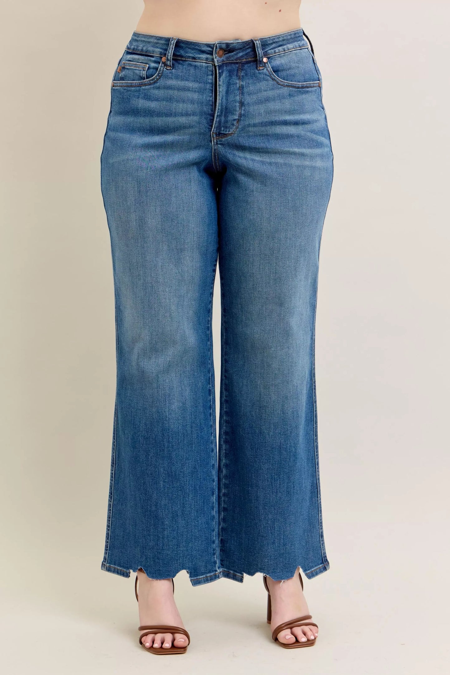 Judy Blue Full Size High Waist Tummy Control Chew Hem Destroy Wide Jeans Plus Size - PBNJ FASHIONS