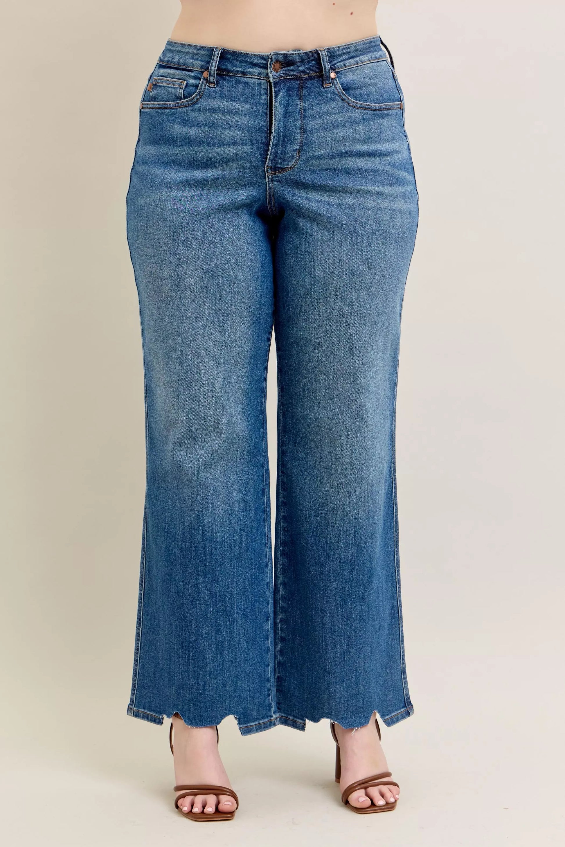 Judy Blue Full Size High Waist Tummy Control Chew Hem Destroy Wide Jeans Plus Size - PBNJ FASHIONS