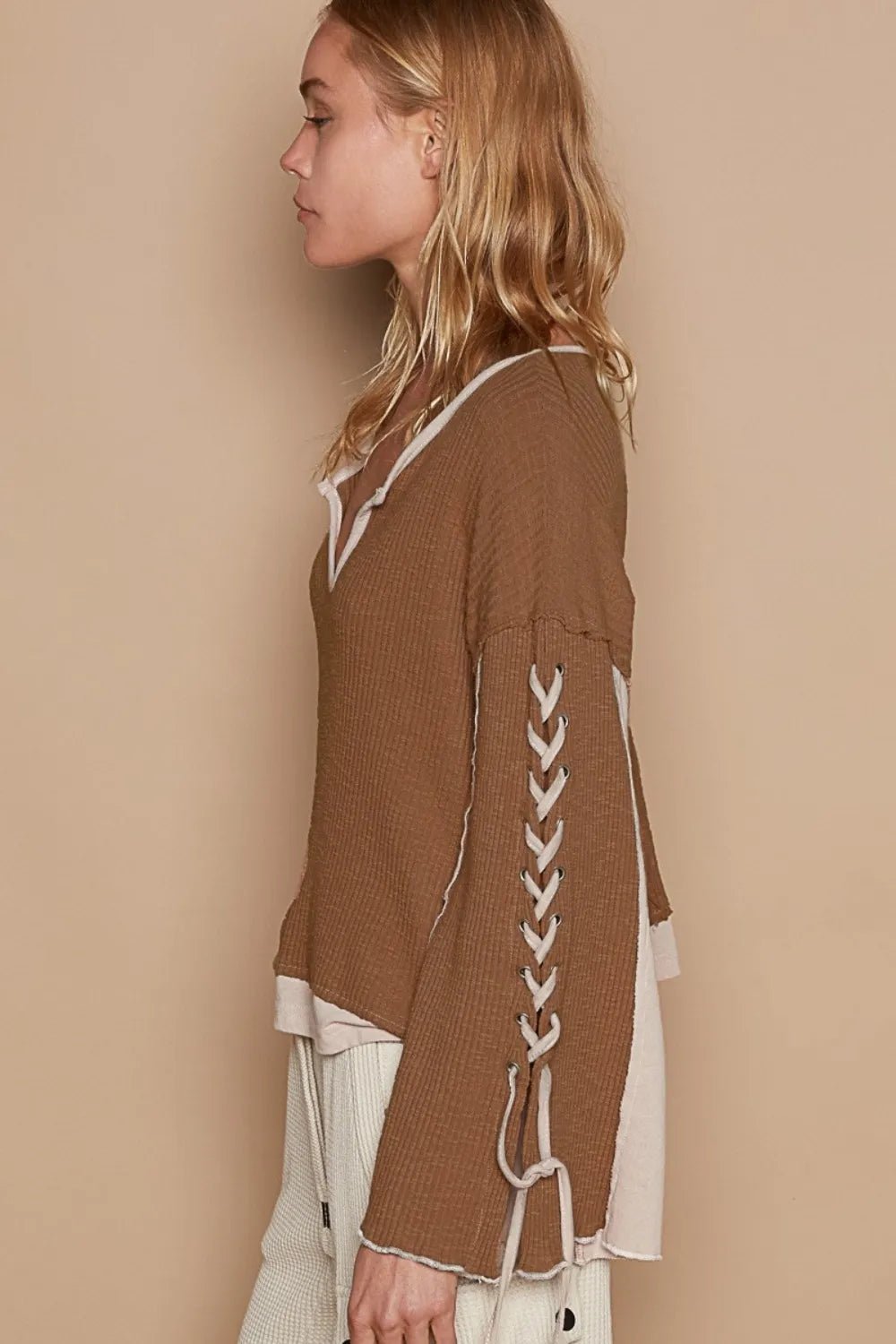POL Lace - Up Sleeve Color Block Ribbed Knit Top - PBNJ FASHIONS