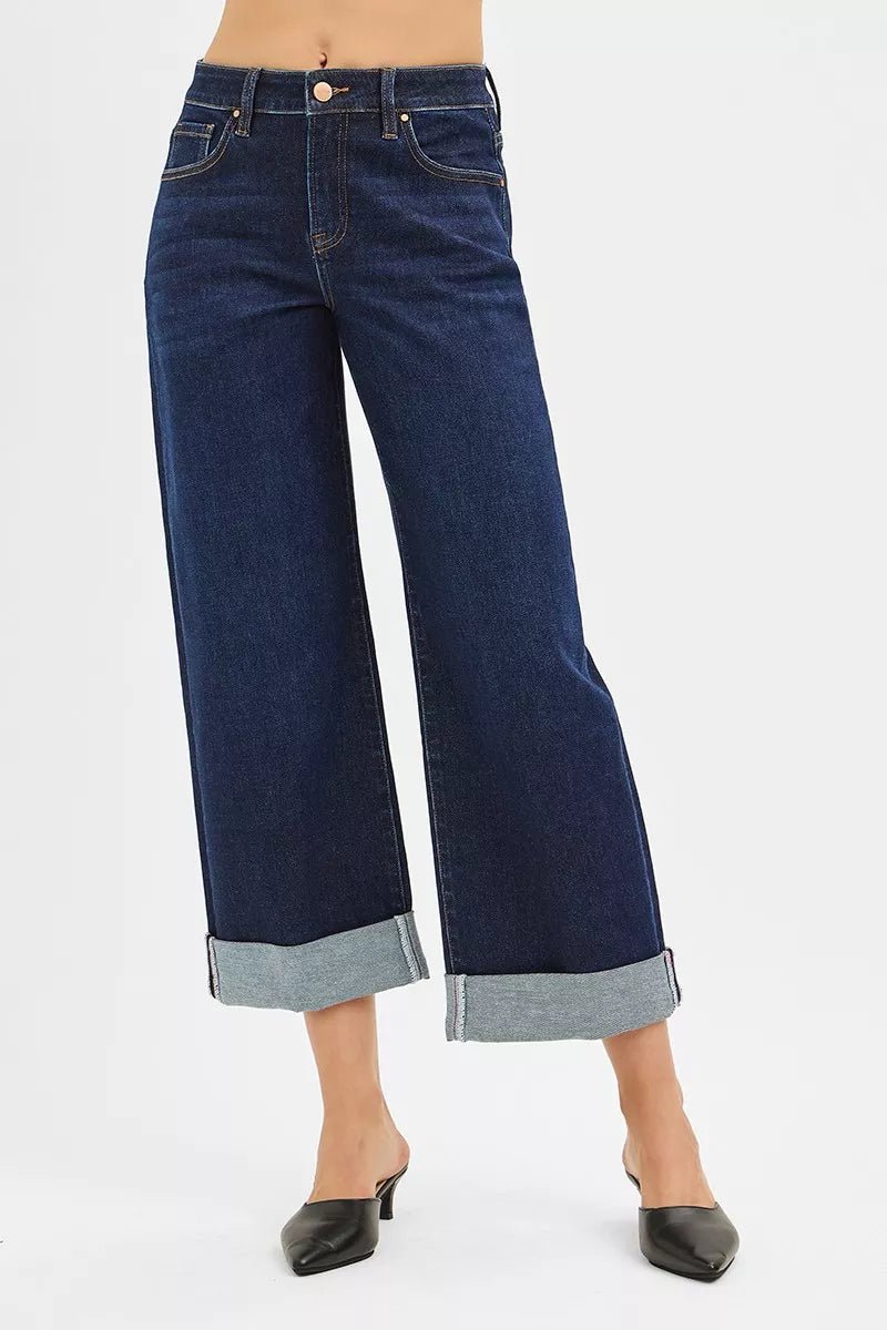 RISEN Mid Rise Fit Ankle Wide Roll Up Jeans - PBNJ FASHIONS