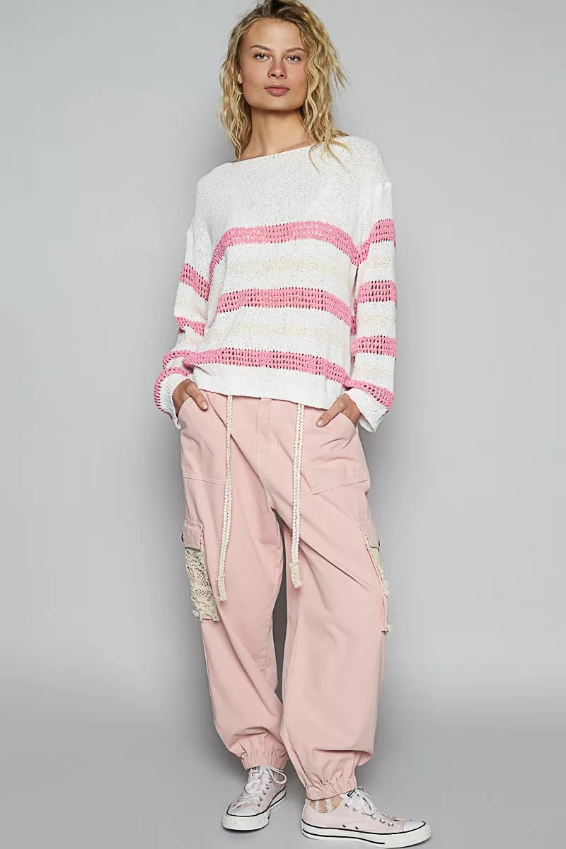 POL Striped Openwork Round Neck Knit Top - PBNJ FASHIONS