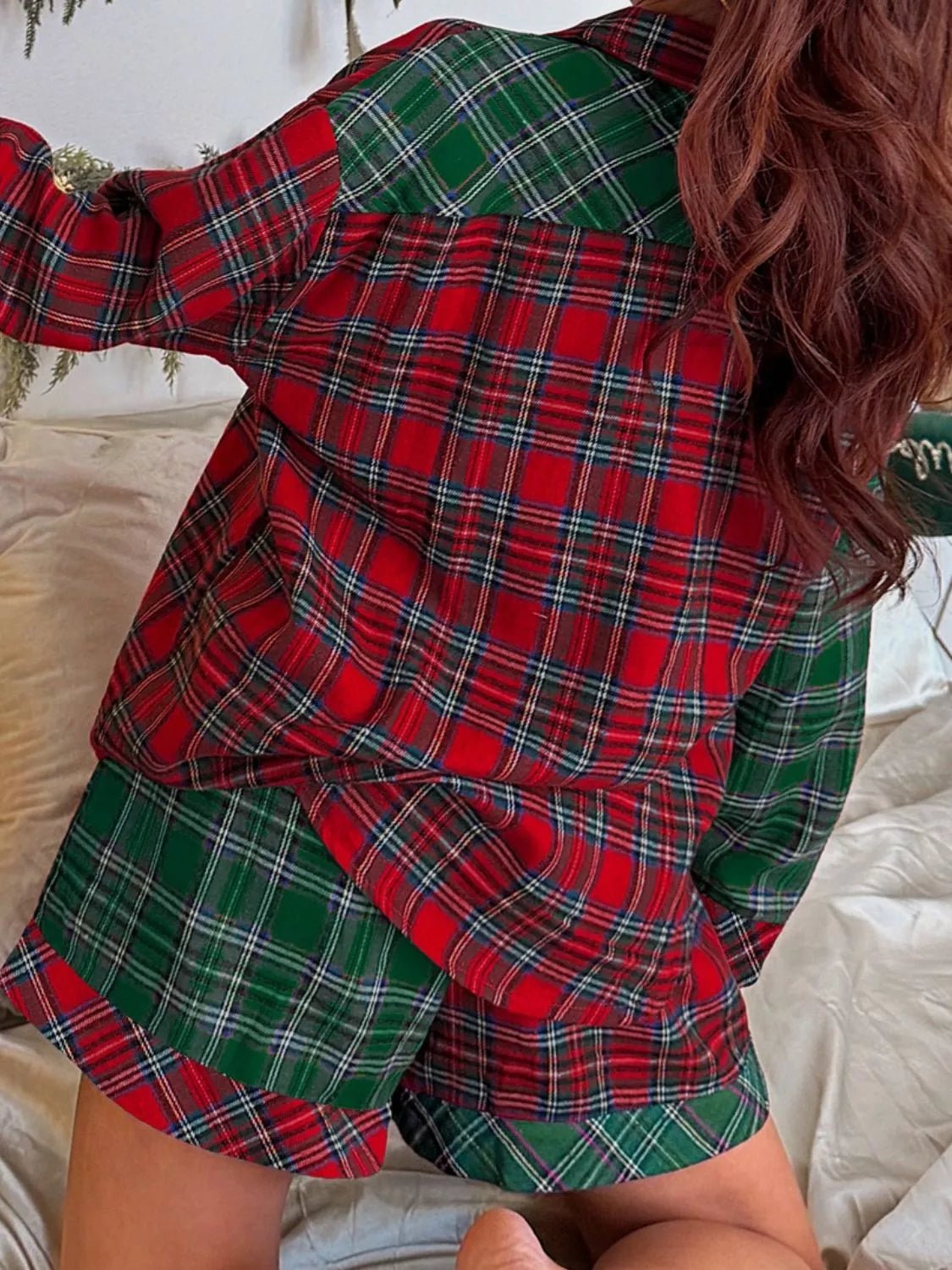 Plaid Contrast Patched Christmas Holiday Long Sleeve Shirt and Short 2pcs Pajama Set - PBNJ FASHIONS