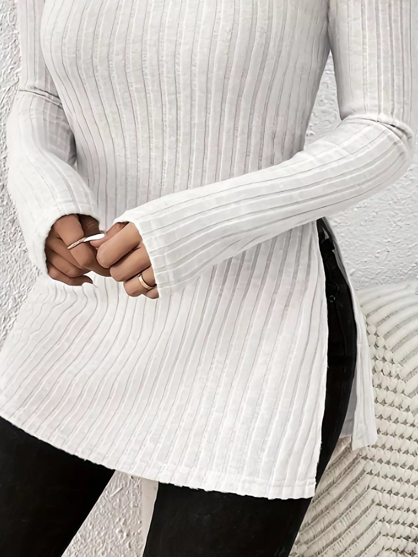 Plus Size Slit Ribbed Turtleneck Long Sleeve T-Shirt - PBNJ FASHIONS