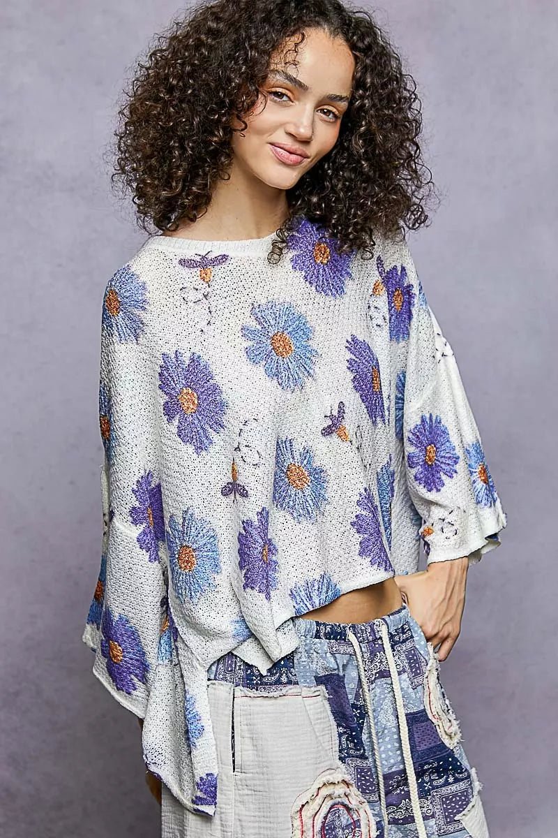 POL Floral Round Neck Rolling Edge Sweater - PBNJ FASHIONS