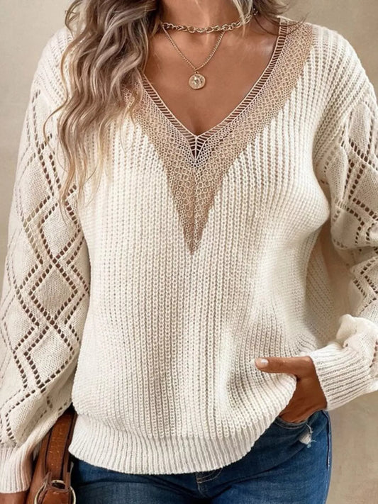 V - Neck Openwork Sweater - PBNJ FASHIONS