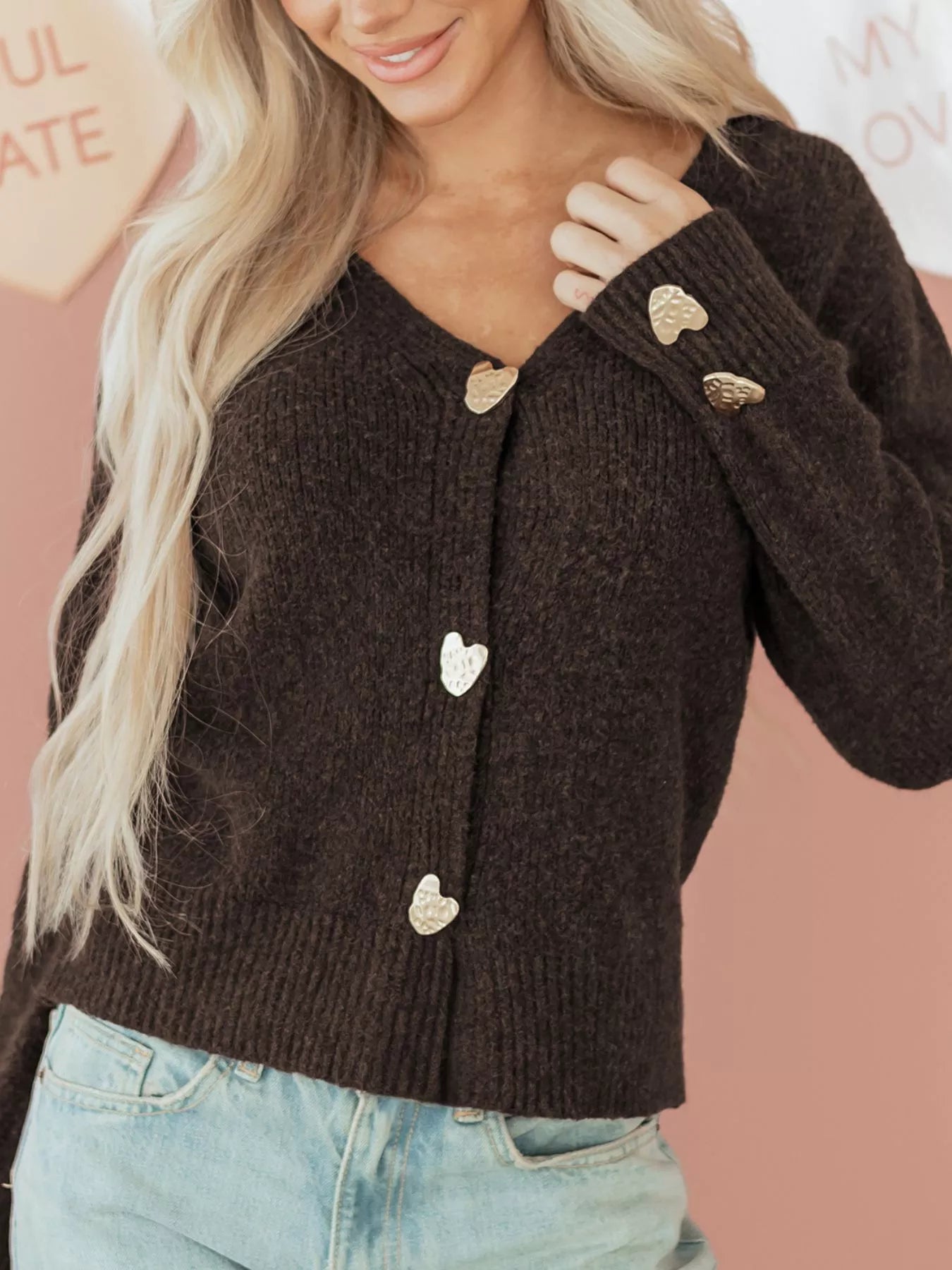 Heart Metal Button V Neck Cardigan Sweater - PBNJ FASHIONS