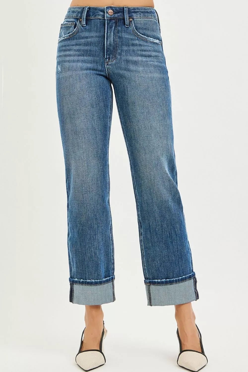 RISEN Full Size 4 Way Stretch Slouchy Straight Jeans with Cuffed Hem Plus Size - PBNJ FASHIONS