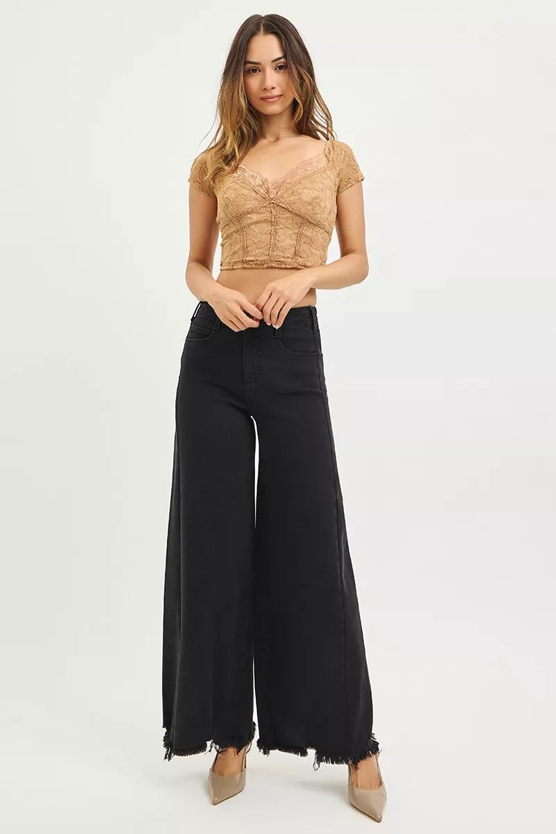 RISEN Tummy Control High Rise Palazzo Leg Frayed Hem Jeans - PBNJ FASHIONS