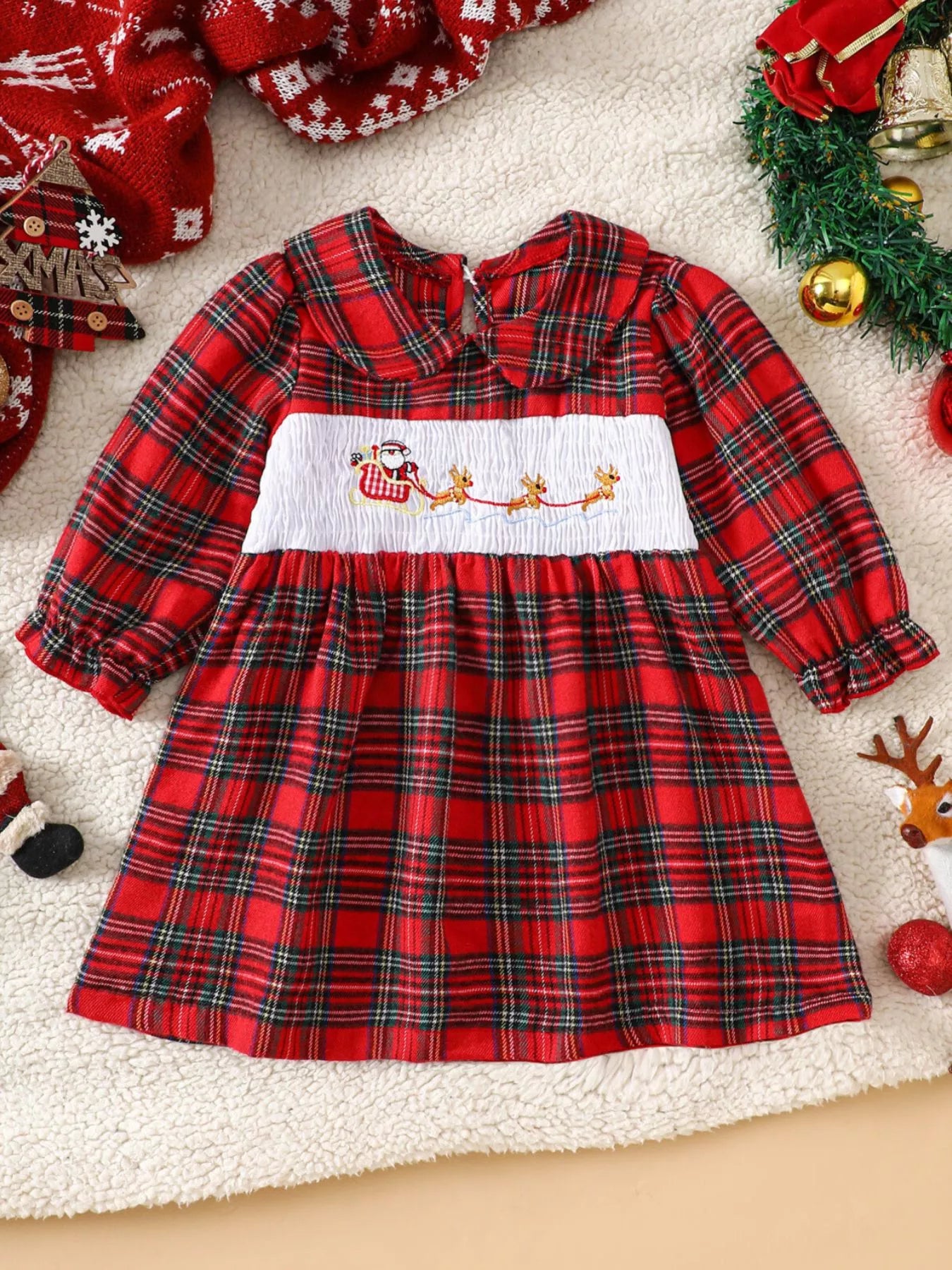 Children's Christmas Plaid Embroidered Smocked Dress - PBNJ FASHIONS