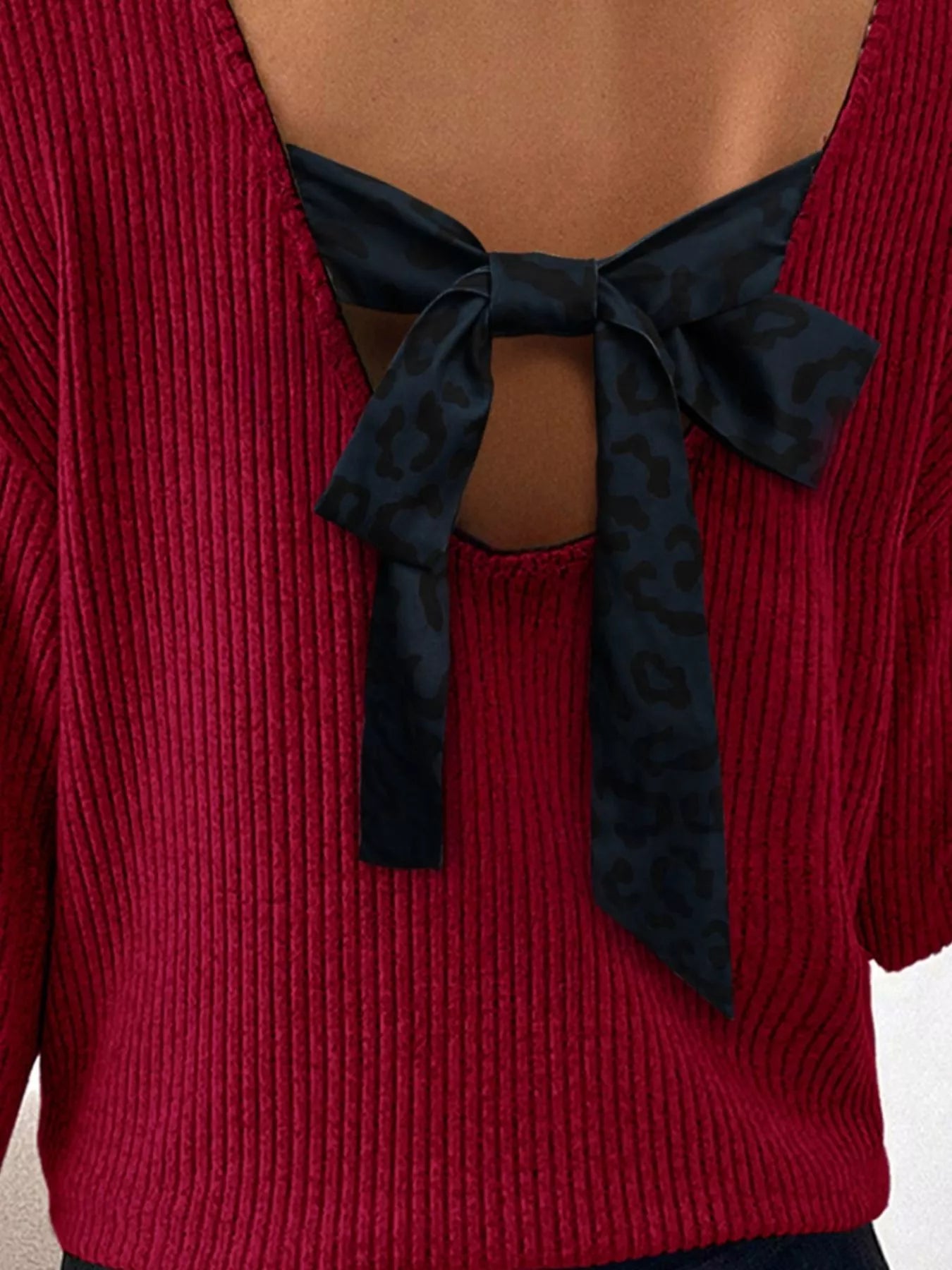 Ribbed V Neck Contrast Ribbon Bow Back Drop Shoulder Long Sleeve Top - PBNJ FASHIONS