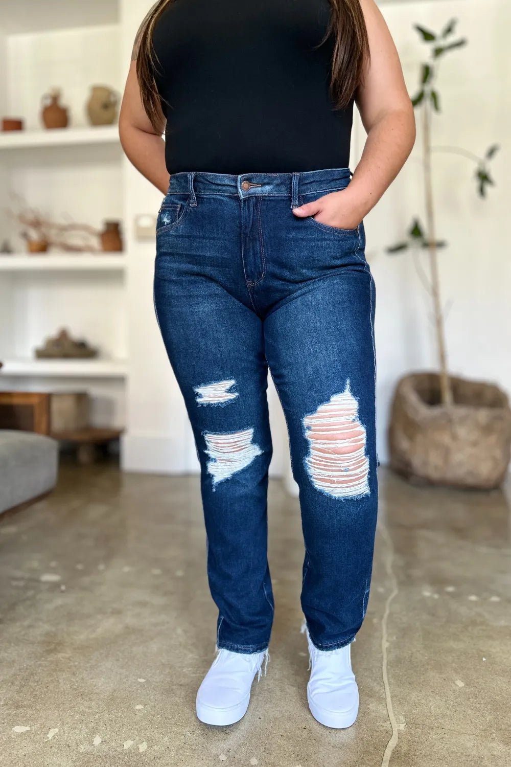 Judy Blue Full Size High Waist Rigid Magic Heavy Destroy Straight Jeans - PBNJ FASHIONS