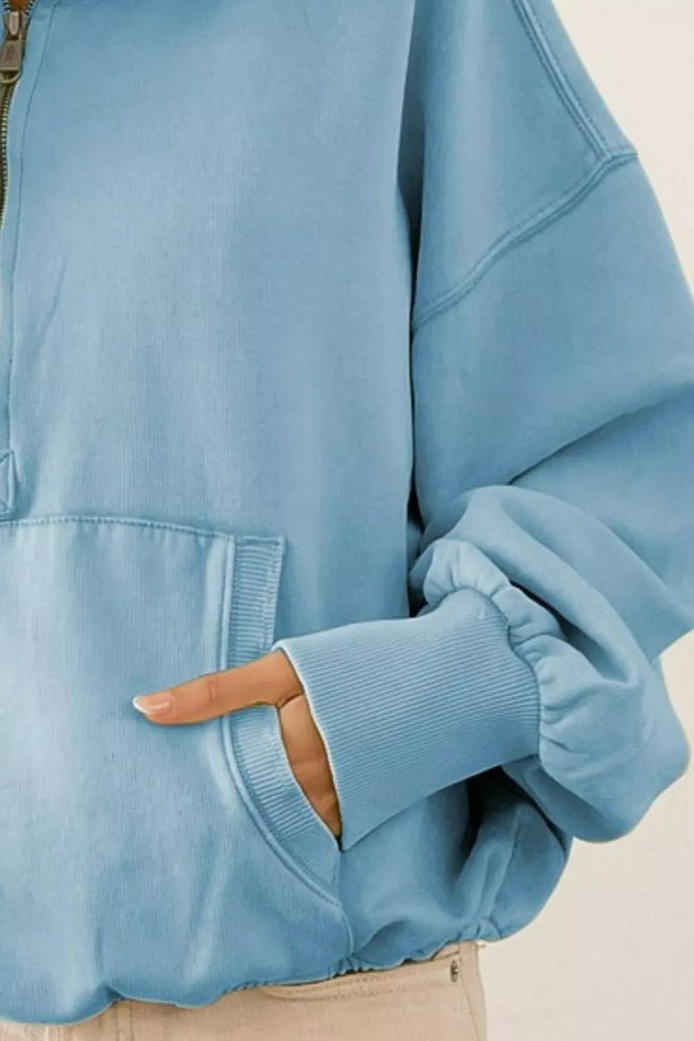 BiBi Stitch Detailed Elastic Hem Half Zip Fleece Hoodie - PBNJ FASHIONS
