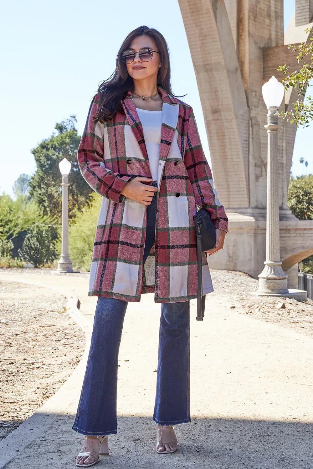 Double Take Full Size Plaid Button Up Lapel Collar Coat - PBNJ FASHIONS