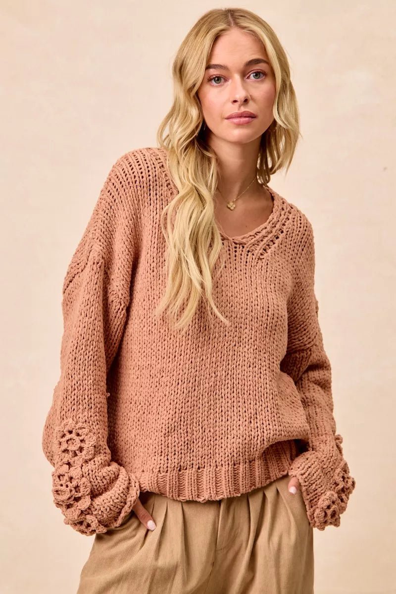 BiBi Chunky Knit Sweater with Flower Detail Sleeves - PBNJ FASHIONS