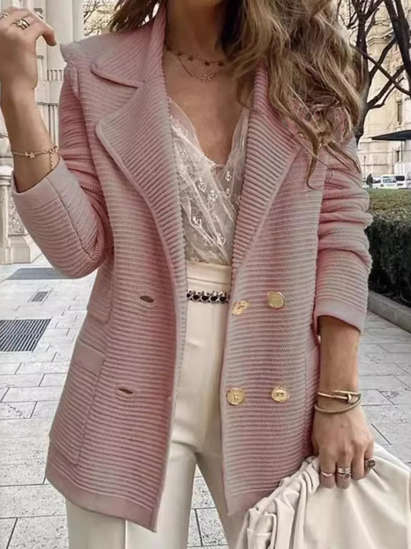 Texture Knit Double - Breasted Blazer - PBNJ FASHIONS