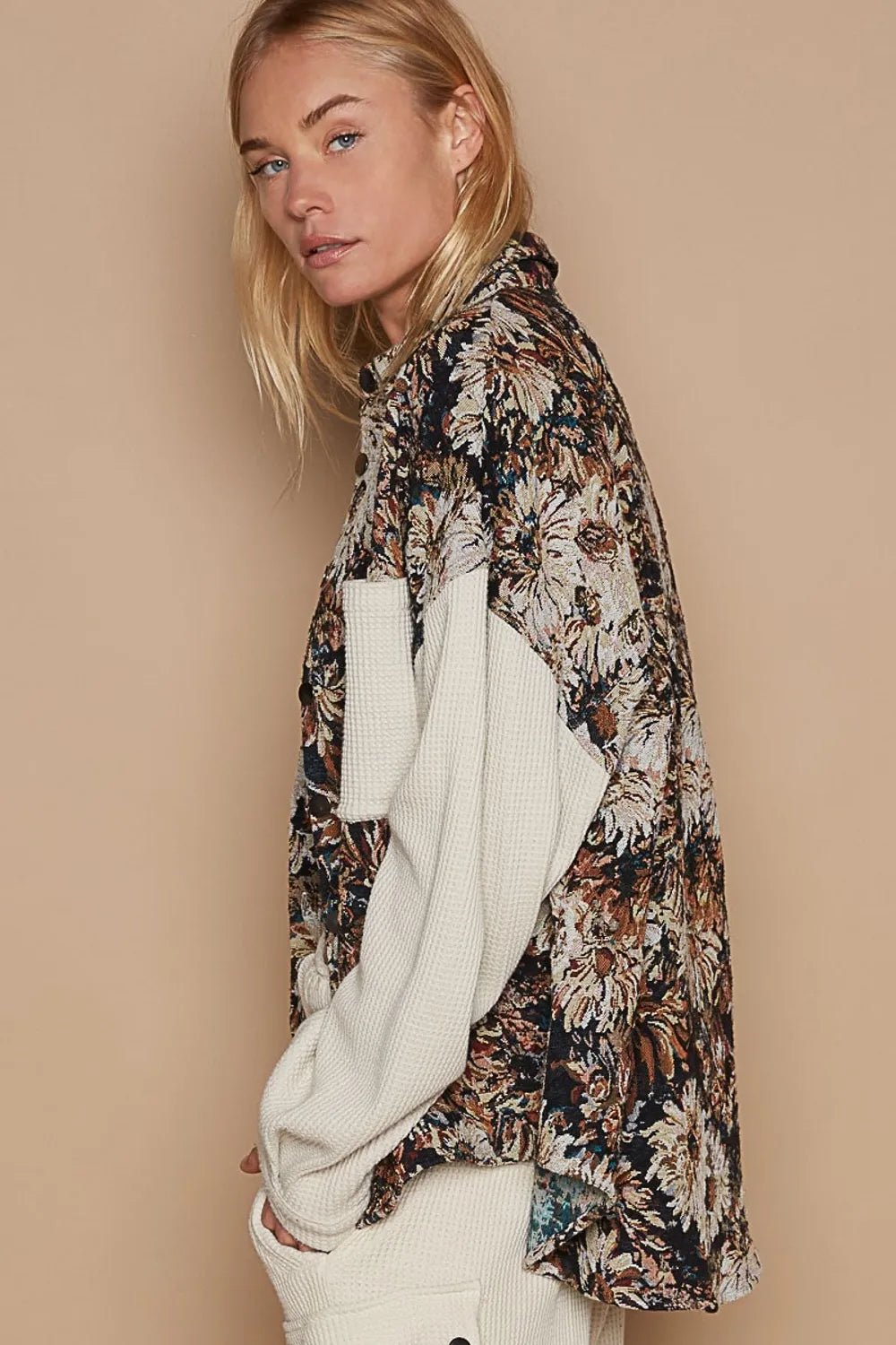 POL Contrast Sleeves Button Down Floral Jacquard Shirt - PBNJ FASHIONS