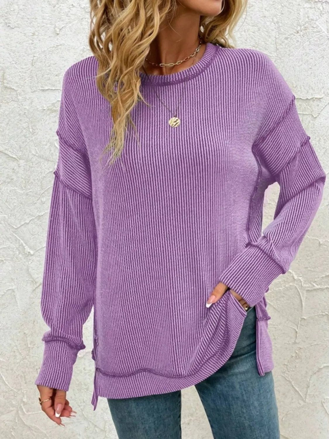 Side Slit Round Neck Sweatshirt - PBNJ FASHIONS