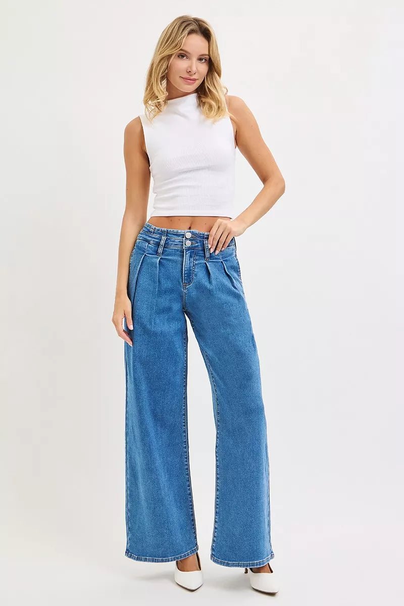 RISEN Full Size Mid Rise Fit Wide Leg with Pleated Detail Jeans Plus Size - PBNJ FASHIONS