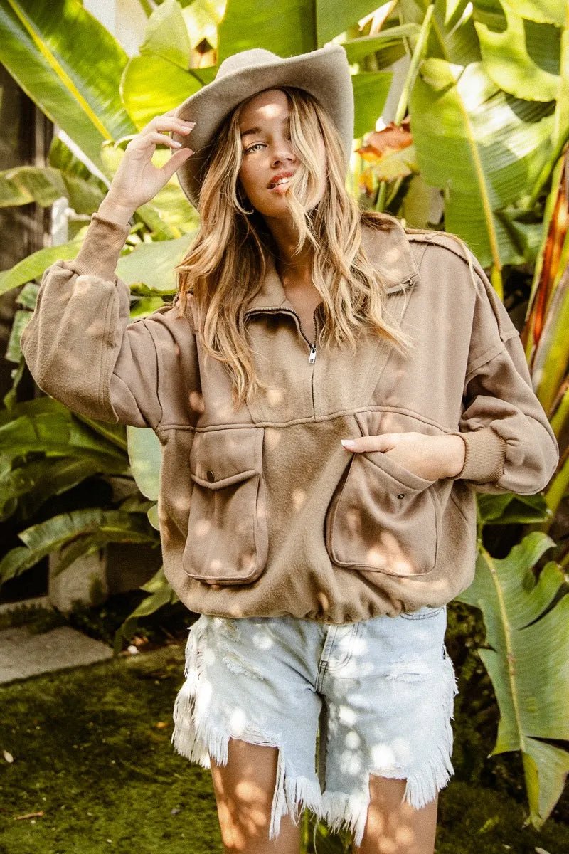 BiBi Half Zip Vintage Washed Fleece Pullover - PBNJ FASHIONS