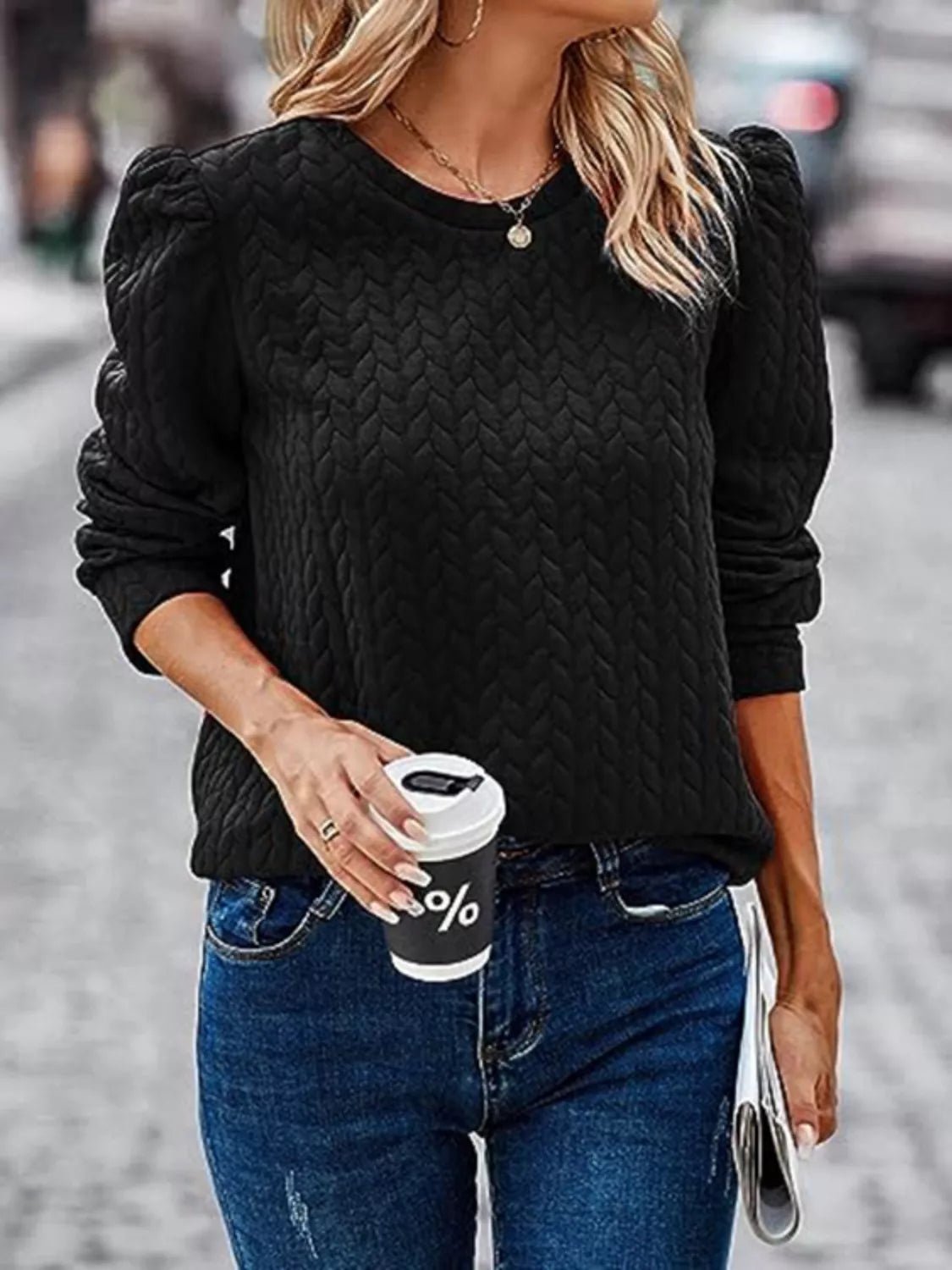 Textured Round Neck Long Sleeve Blouse - PBNJ FASHIONS