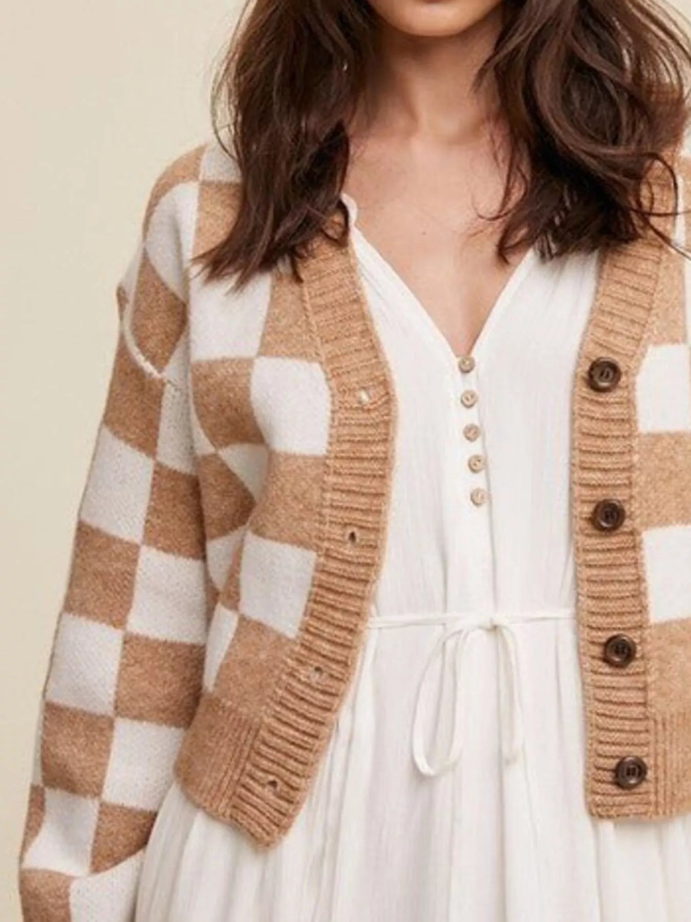 Checkerboard Pattern Button - Down Cardigan - PBNJ FASHIONS