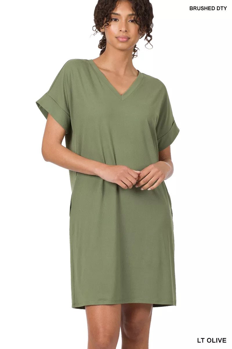 Zenana Brushed Dty Rolled Short Sleeve V - Neck Dress - PBNJ FASHIONS