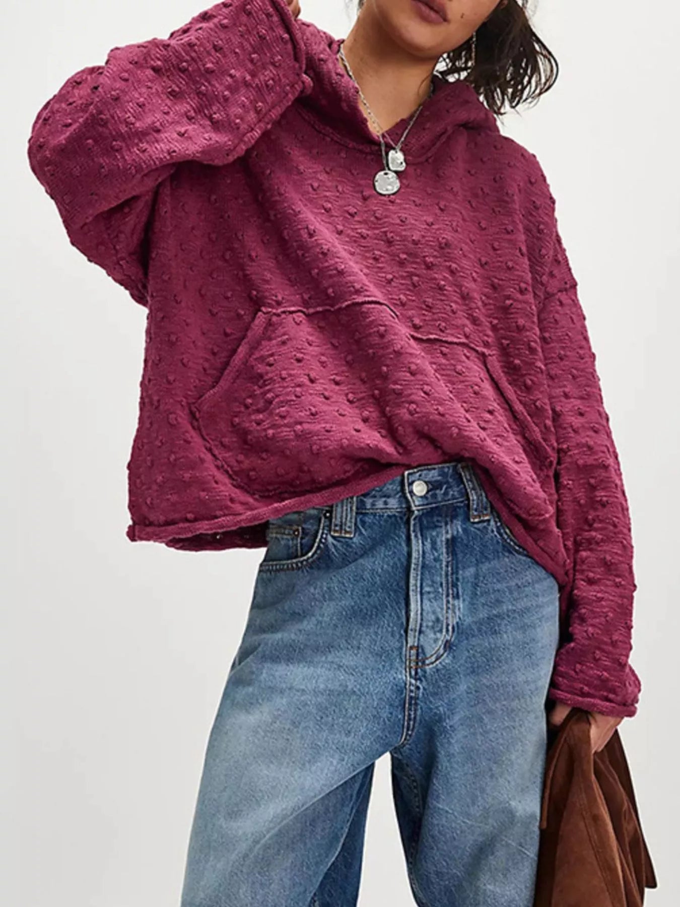 Textured Dot Knit Long Sleeve Hooded Sweater - PBNJ FASHIONS
