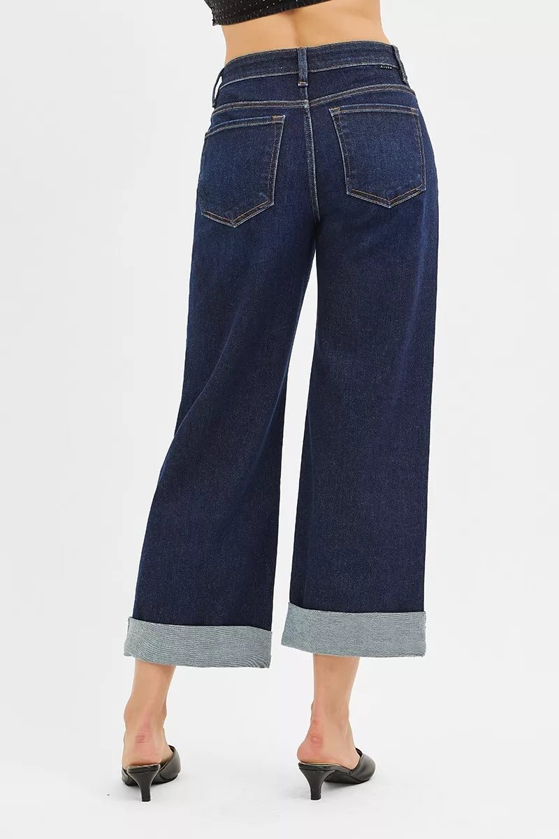 RISEN Mid Rise Fit Ankle Wide Roll Up Jeans - PBNJ FASHIONS