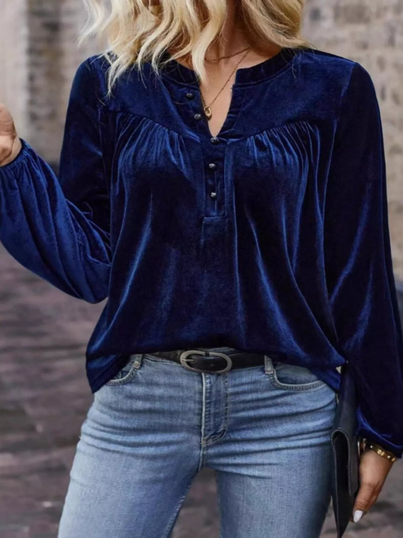 Velvet Notched Long Sleeve Blouse - PBNJ FASHIONS