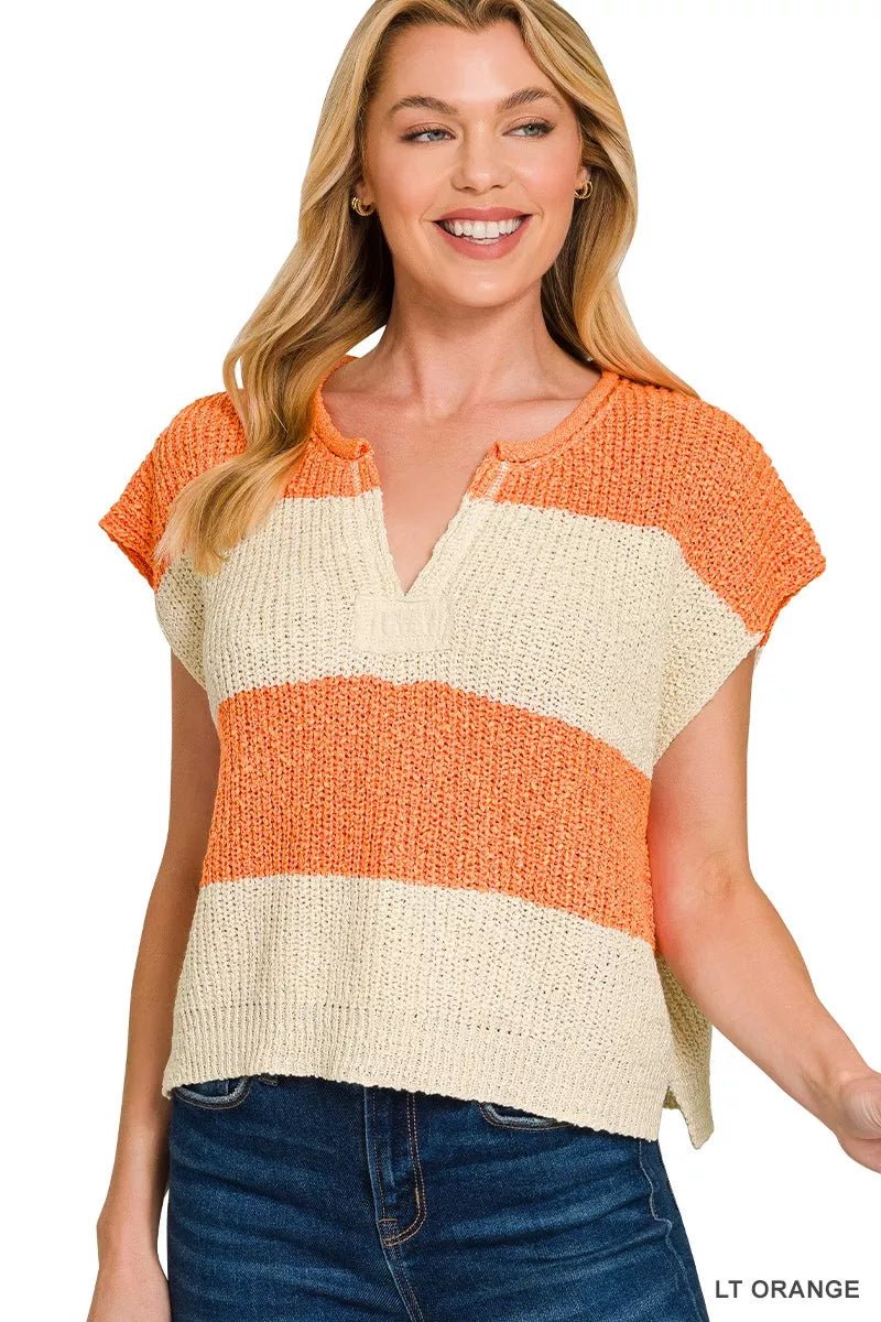 Sleeveless Striped Sweater with Split Neck Detail - Versatile & Stylish for any Occasion - LT ORANGES