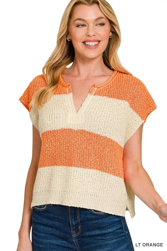 Sleeveless Striped Sweater with Split Neck Detail - Versatile & Stylish for any Occasion - LT ORANGES