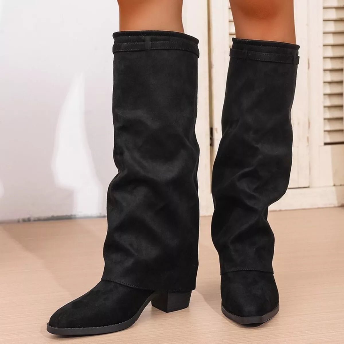 Point Toe Suede Block Heel Boots - Mid Heels, Rubber Sole - Size Conversion Included - PBNJ FASHIONSBlack