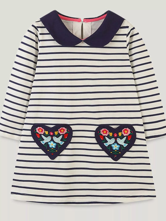 Children's Embroidered Striped Long Sleeve Dress - PBNJ FASHIONS