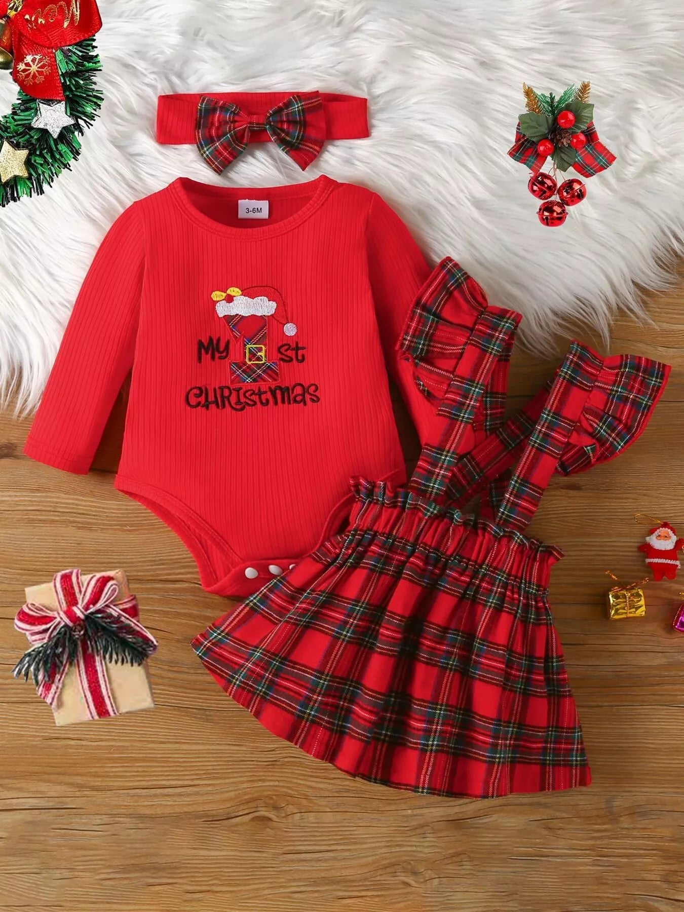 Children's First Christmas Bodysuit and Plaid Dress Outfit Set with Headband - PBNJ FASHIONS