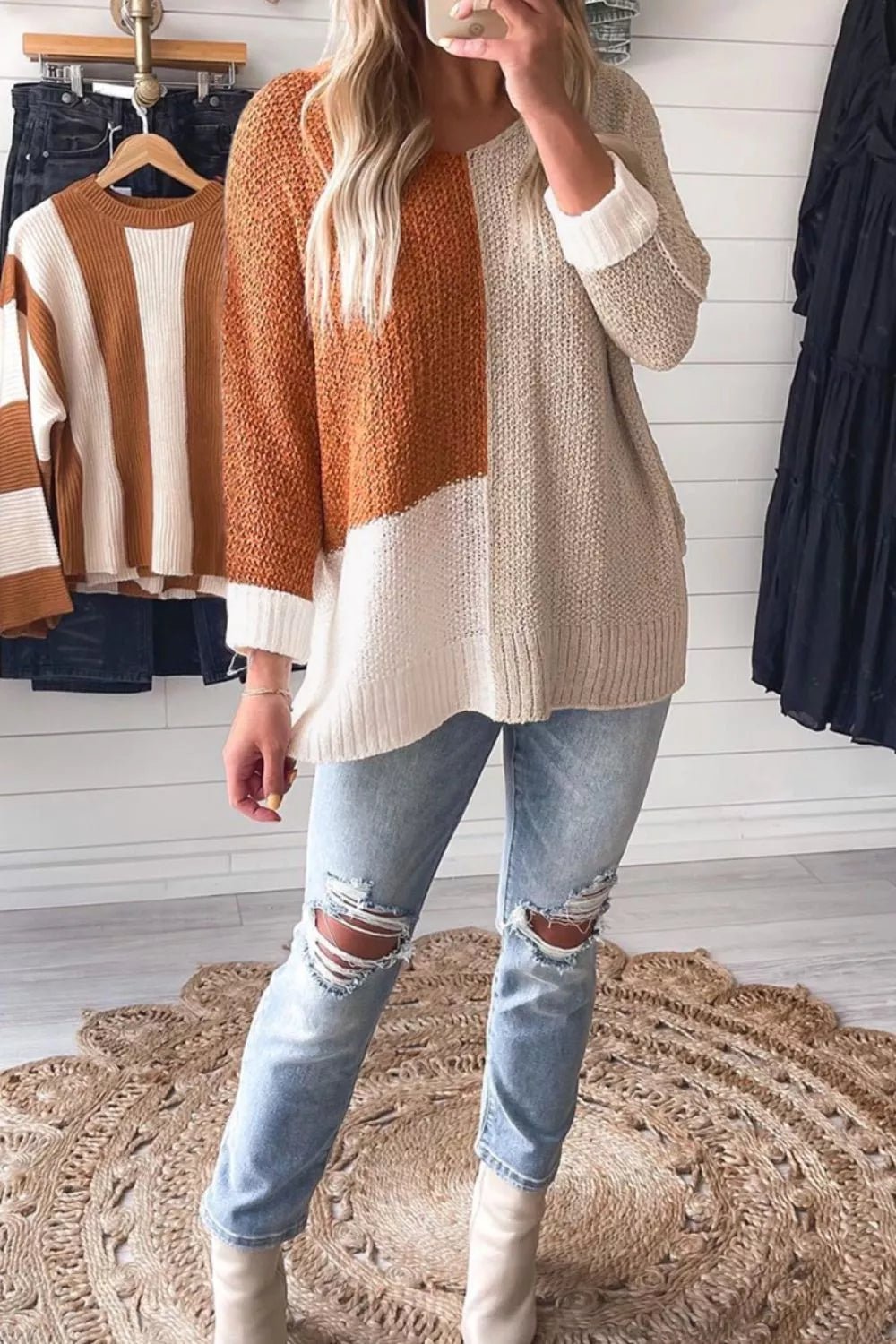 Color Block Knit V Neck Loose Sweater - PBNJ FASHIONS