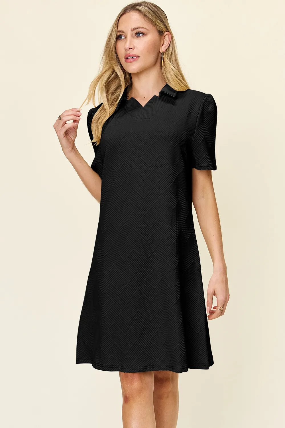 Double Take Full Size Texture Collared Neck Short Sleeve Dress - PBNJ FASHIONS