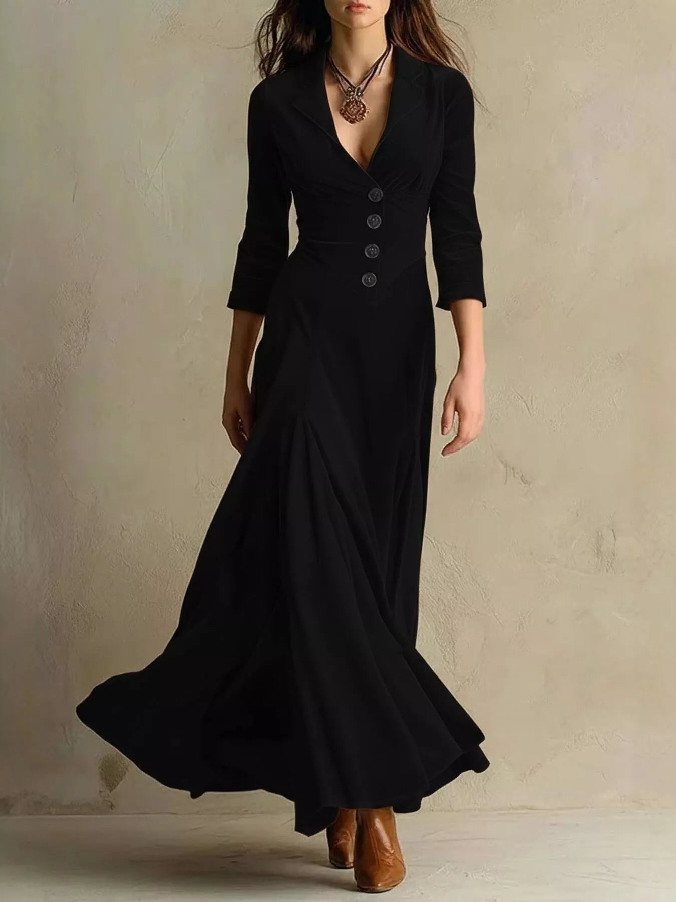 Velvet Button Front 3/4 Sleeve Maxi Dress - PBNJ FASHIONS