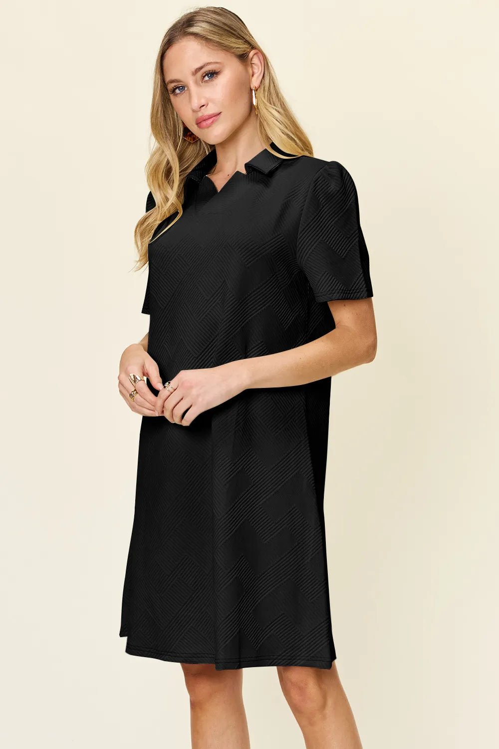 Double Take Full Size Texture Collared Neck Short Sleeve Dress - PBNJ FASHIONS