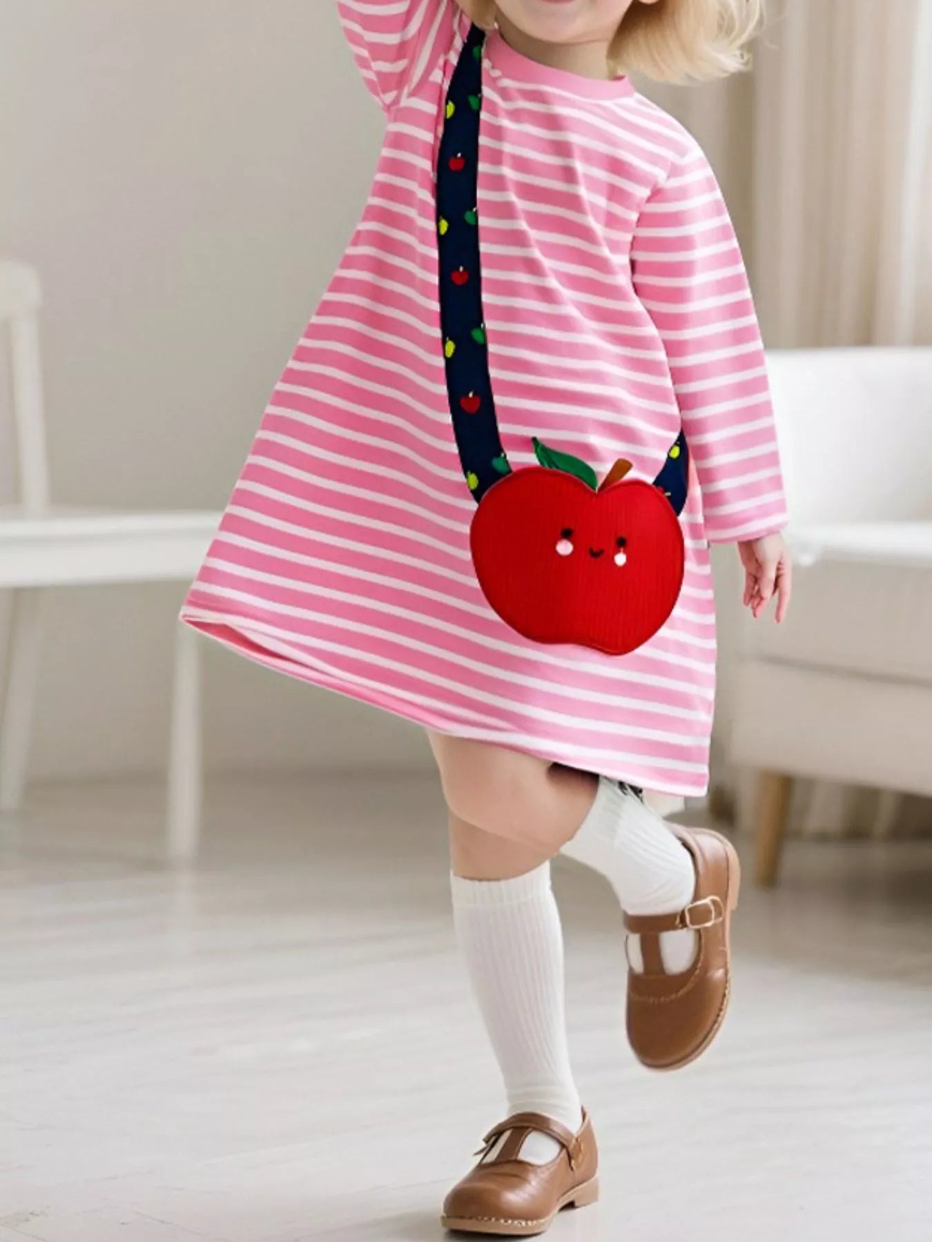 Children's Apple Applique Striped Long Sleeve Dress - PBNJ FASHIONS