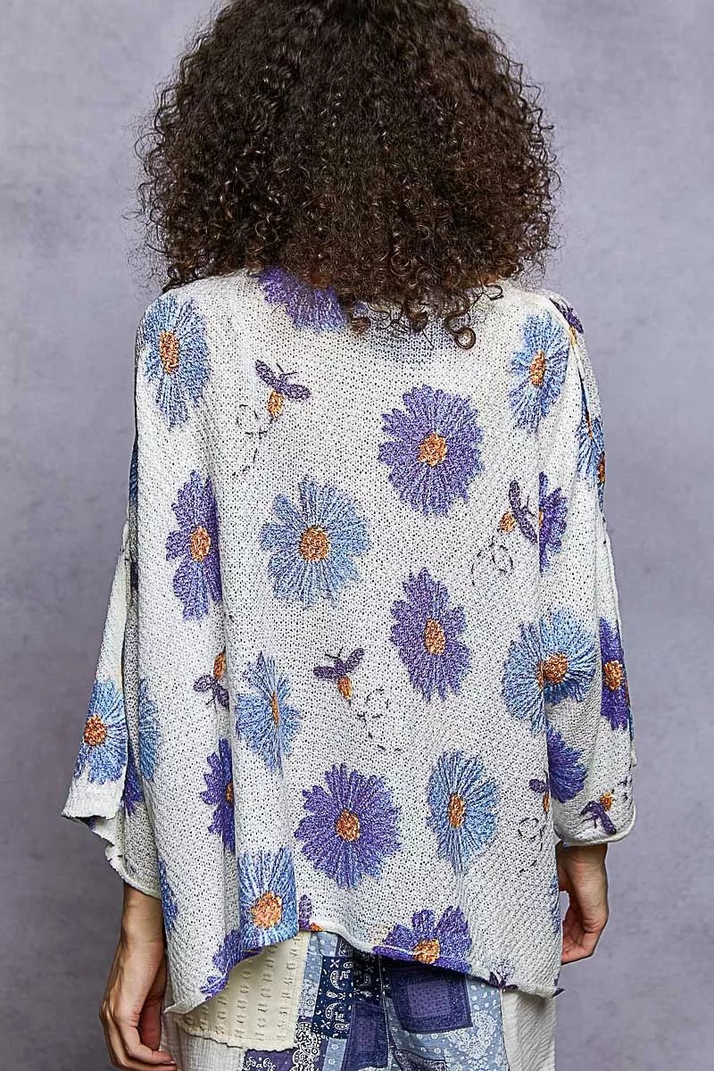 POL Floral Round Neck Rolling Edge Sweater - PBNJ FASHIONS