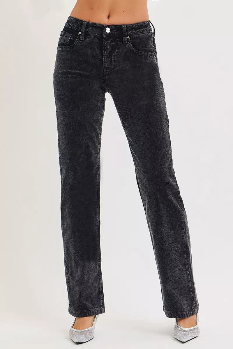 RISEN Tummy Control Mid Rise Straight Leg Corduroy Pants - PBNJ FASHIONS